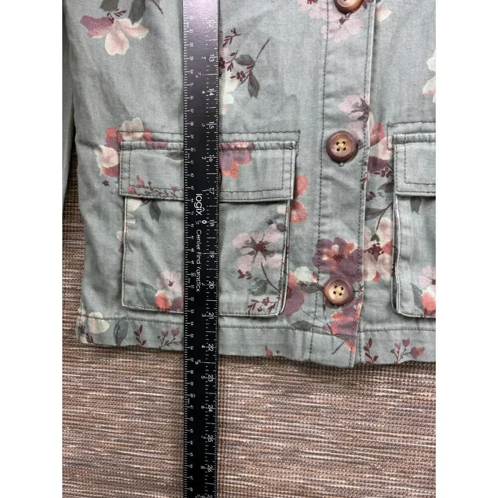 Oshkosh Green Floral Denim Jean Jacket Girls Size 14 Utility Cargo